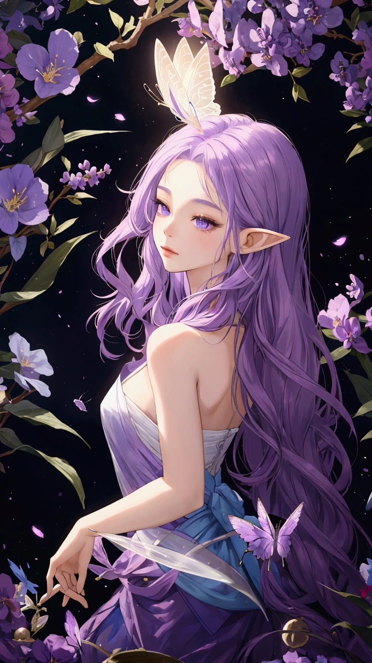 一个长着Purple long hair,Close-up of a woman with a butterfly in her hair, lilac, Ethereal fairy tale, Ethereal Beauty, Fantasy fairy tales, A stunning young ethereal figure, beautiful Fantasy Portrait, Beautiful elf with purple skin, Purple long hair, Portrait of a fairy, Ethereal fantasy, lilac hair, Portrait of a fairy princess, Portrait of a fairy, Fantasy Portrait