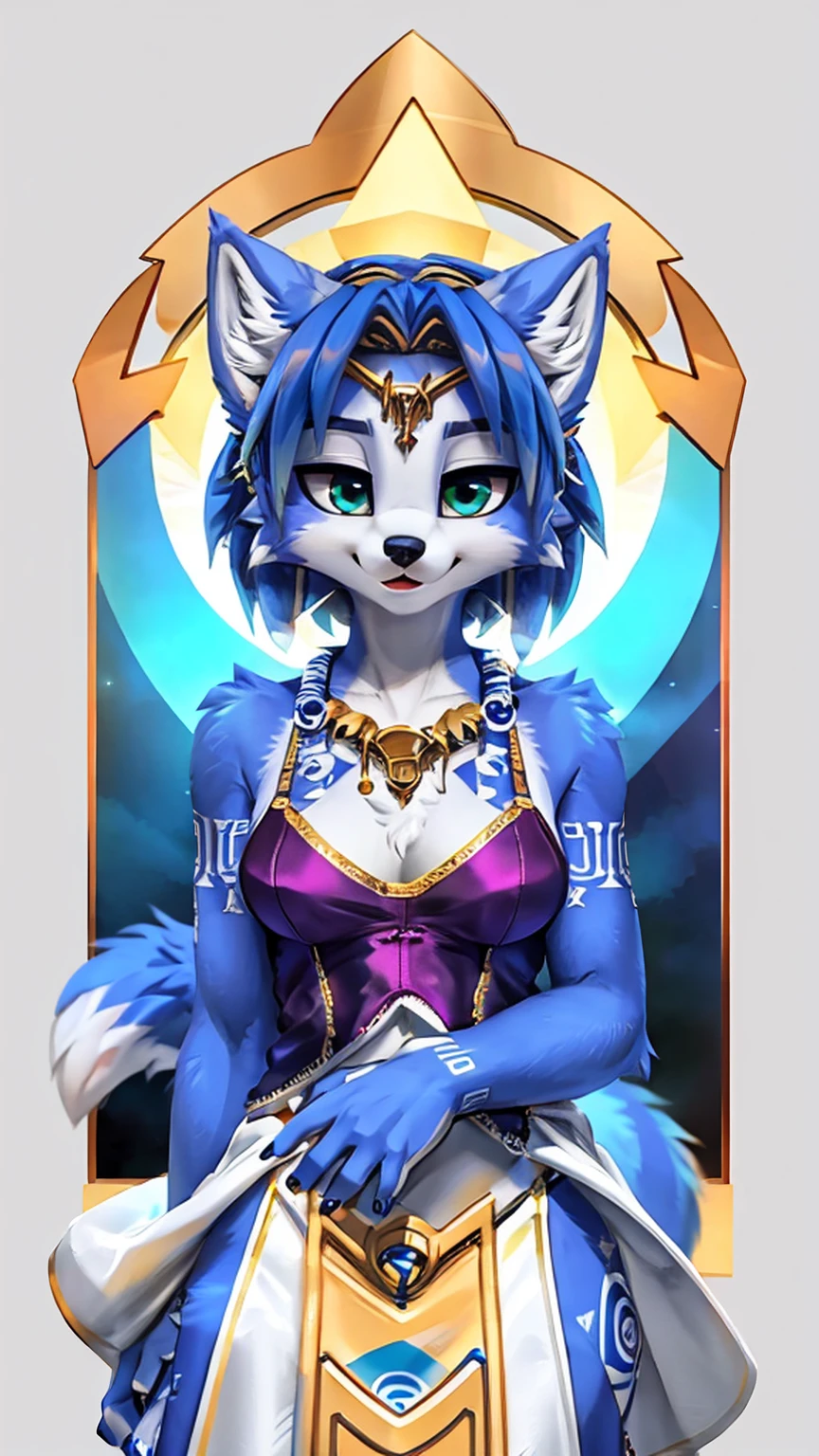 A beautiful and detailed (cute portrait) wa ((krystal)), Star Fox krystal, sslim, lovable, green eyes, medium breasts, (((Long blue hair 1.3))), Decollete, anthro, furry, Uploaded E621, detailed fluffy fur, (wa Fluff-Kevlar, Bayard Wu, Pino Daeni), detailed face, (fluffy), 1 girl, alone, sweet girl, gown 