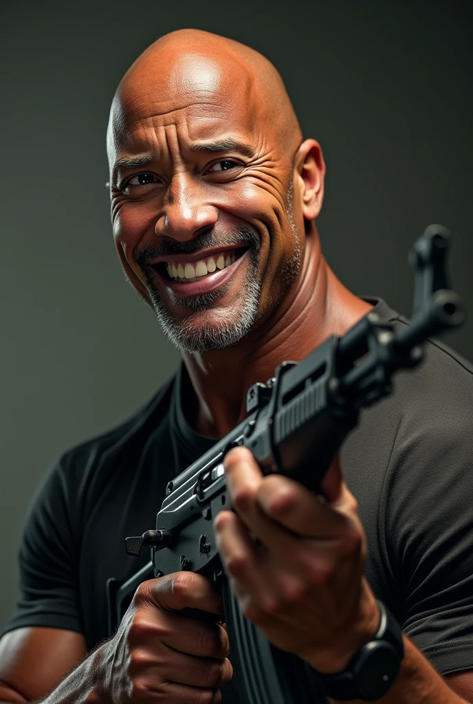 Dwane johnson smiling at you including the ak 47
