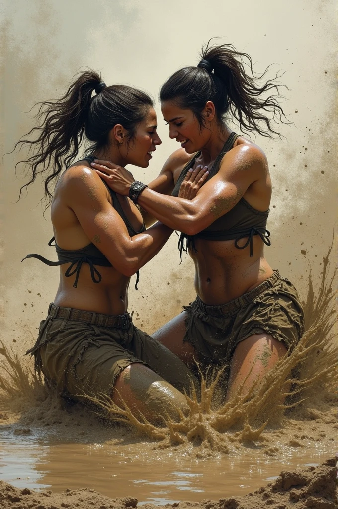 create an illustration of a fight between two women in a mud puddle