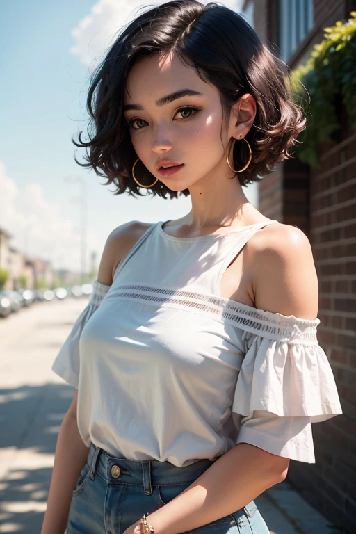 1girl, high quality face, bare shoulders, blue sky, day, earrings, hoop earrings, jewelry, makeup, off-shoulder shirt, off shoulder, outdoors, shirt, short blue hair, sky, solo, upper body, white shirt, high quality, masterpiece, 8k