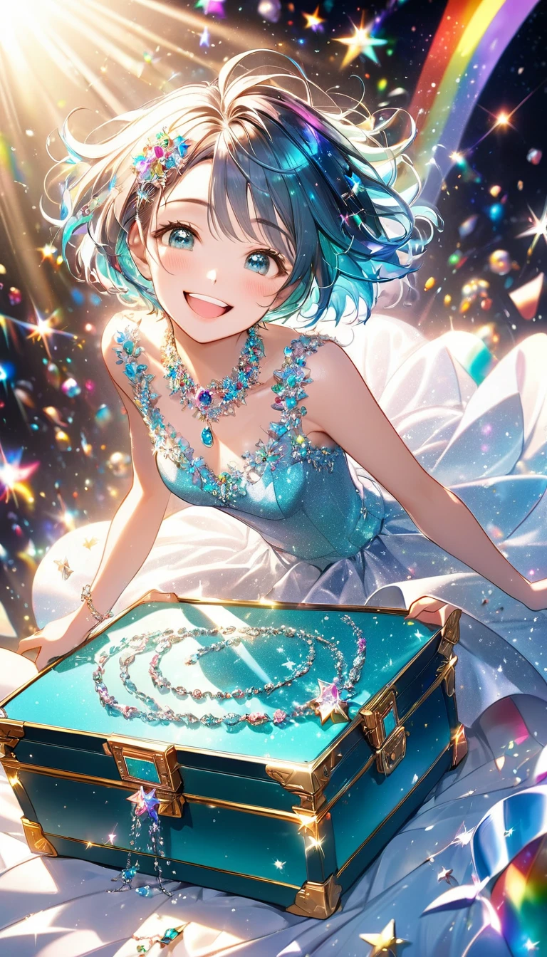 Highest quality, Super Fine, 16K, Incredibly absurd, Very detailed, Colorful jewels overflowing from a Tiffany blue jewelry box, shining with rainbow colors, A beautiful cute smile worth more than a million dollars, Messy shiny short hair, An image with the effect of sparkling stars falling, joy, Happiness and happiness. Performance, Professional Lighting