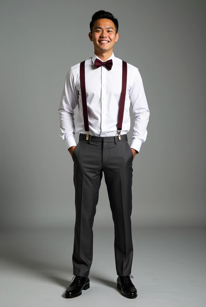 Create a groomsmen Attire. White long sleeve, with burgundy bowtie and suspender and dark gray pants and black shoes. Whole body picture for Filipino.