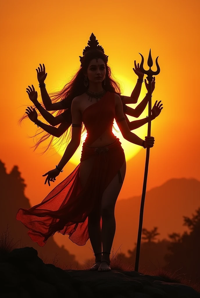Devi kali scene in front of sun setting