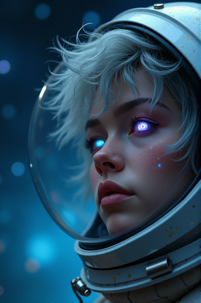 (Close-up of a better masterpiece:1.5)0.9], (Space and astronauts:1.2) (Messy silver hair:1.1) (Heterochromia xanthochromia and blue eyes:1.2) (Space Helmet:1.0) (Colored stars in the eyes:1.0) (A radiant glow:1.1) (thick lips:0.9)