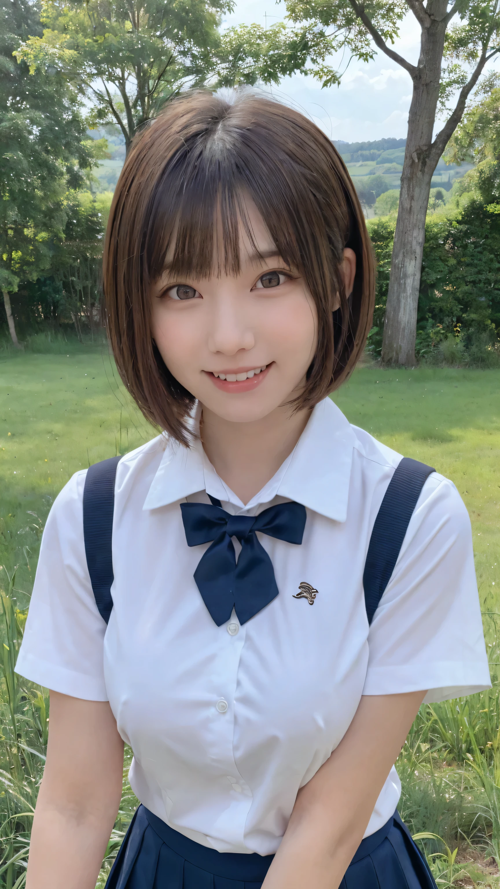 One person'S, (beautiful girl, delicate:1.3), (:1.3),
break, (Lush countryside background:1.2),
break, Embarrassed Laugh, Very beautiful eyes, (Symmetrical eyes:1.3),
break, (E cup breasts:1.3), School uniforms:1.3, Brown eyes, Parted bangs, Brown bob cut hair, Round face, cute,
break, (Eye and facial details:1.0),
break, (masterpiece, Highest quality, Very detailed, Detailed face, 8k)