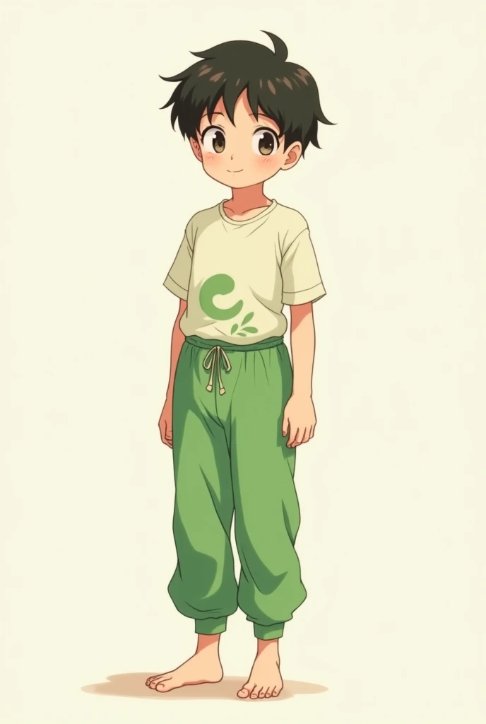 Barefoot anime boy with green pajama pants with a symbol on his belly