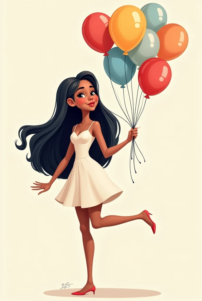 A png of a white woman with long, straight black hair on the side in a cartoon format and with one leg raised and blowing a kiss while holding balloons.
