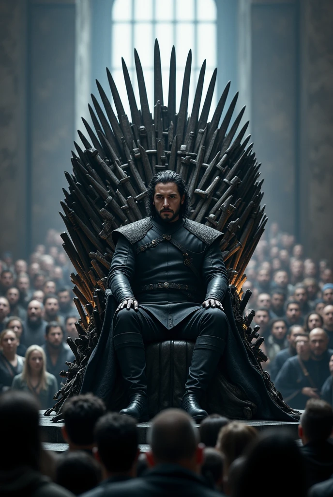 Imagine jon snow sitting on iron throne with tons of people 