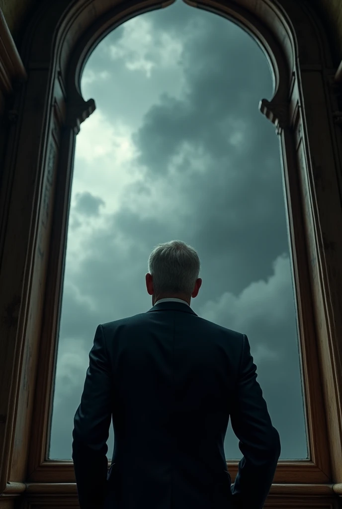 Middle Asian Middle aged white man in an elegant suit looking out of window at the storm front side