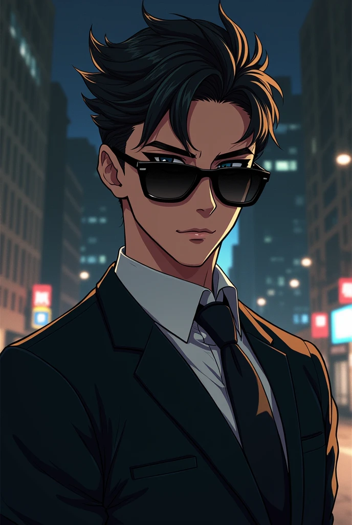 Create a profile pic anime mafia boy with sunglasses on. Both shoulders must be seen. Not too feminine