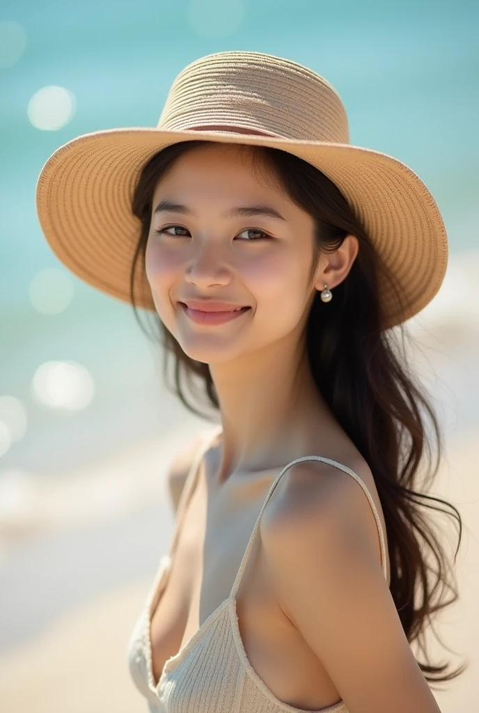 masterpiece, top quality, best quality, official art, beautiful and aesthetic:1.2), (asian girl, young, beautiful, smiling, sweet, topless with hat at beach), real photography