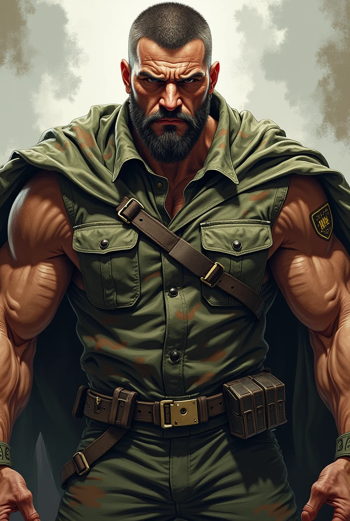 Illustrate a realistic man with a violent face and Roman descent. His body is robust and large, has short hair and no beard, he is wearing a Brazilian army camouflage uniform
