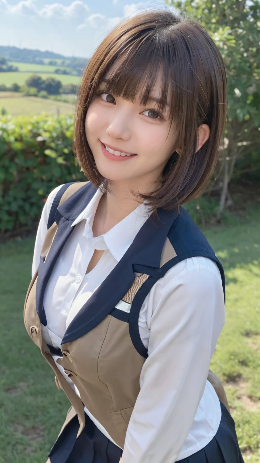 One person'S, (beautiful girl, delicate:1.3), (:1.3),
break, (Lush countryside background:1.2),
break, Embarrassed Laugh, Very beautiful eyes, (Symmetrical eyes:1.3),
break, (E cup breasts:1.3), School uniforms:1.3, Brown eyes, Parted bangs, Brown bob cut hair, Round face, cute,
break, (Eye and facial details:1.0),
break, (masterpiece, Highest quality, Very detailed, Detailed face, 8k)