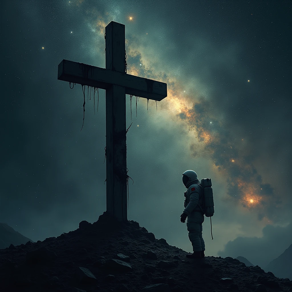 The Cross , that the cross has a small stain of blood, outer space , constellations, stars , planets , an astronaut