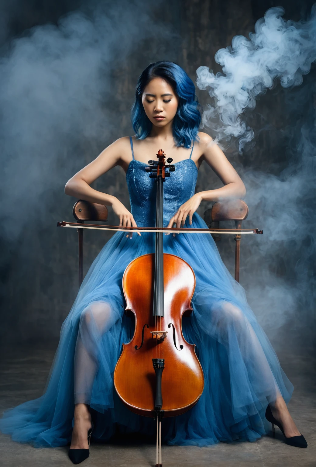 a woman, sitting, playing a cello, cello between her legs, (holding a bow)+. blue dress, dress is partly opaque. mixed race Korean-Nigerian woman, dyed blue hair, fantasy scene, smoke, mist. portrait shot, woman is playing the cello. deep in thought, calm, serene. looking down, high quality fantasy stock photo