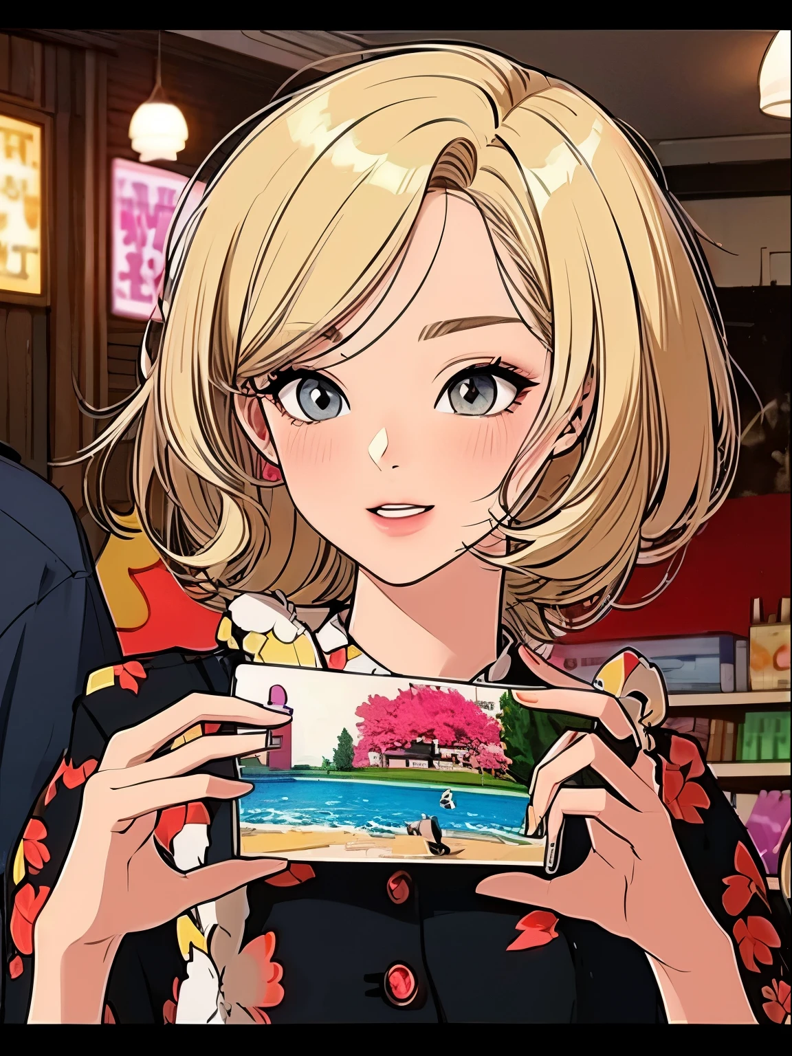 High level of image quality、Ultra Detailed、A blonde girl、Cozy old fashioned retro-futuristic candy and soda shop、Analog style、Retro Effect、vintage、Pop Art、poster