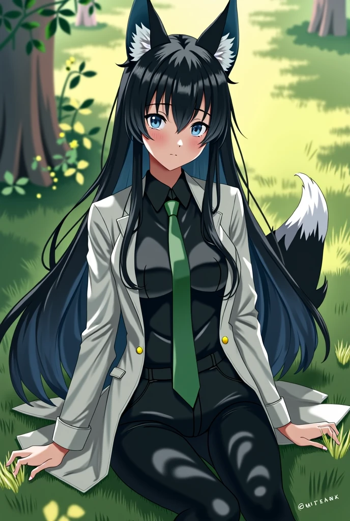 Woman with black fox ears, Long black hair, black foxtail, light blue eyes, black shirt, green tie white jacket, Black pants, whole body, sitting on the grass blushing
