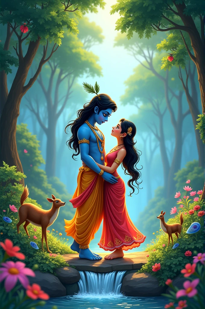 "cartoon image of Lord Krishna and Radha in a forest" 
