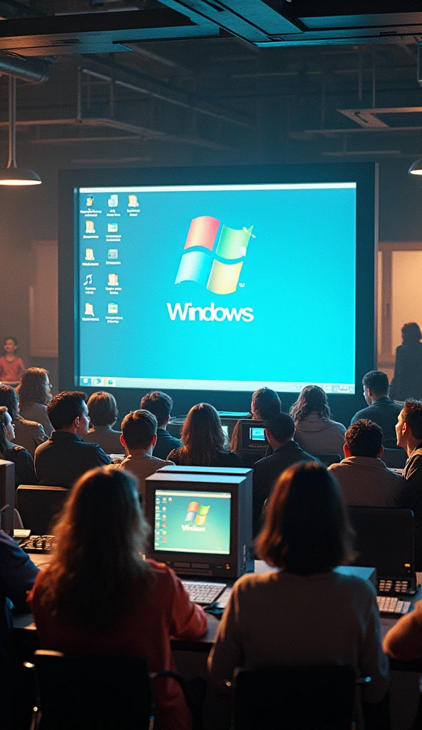 An image depicting the launch of an early Windows operating system, showcasing the software interface and the excitement around it.
