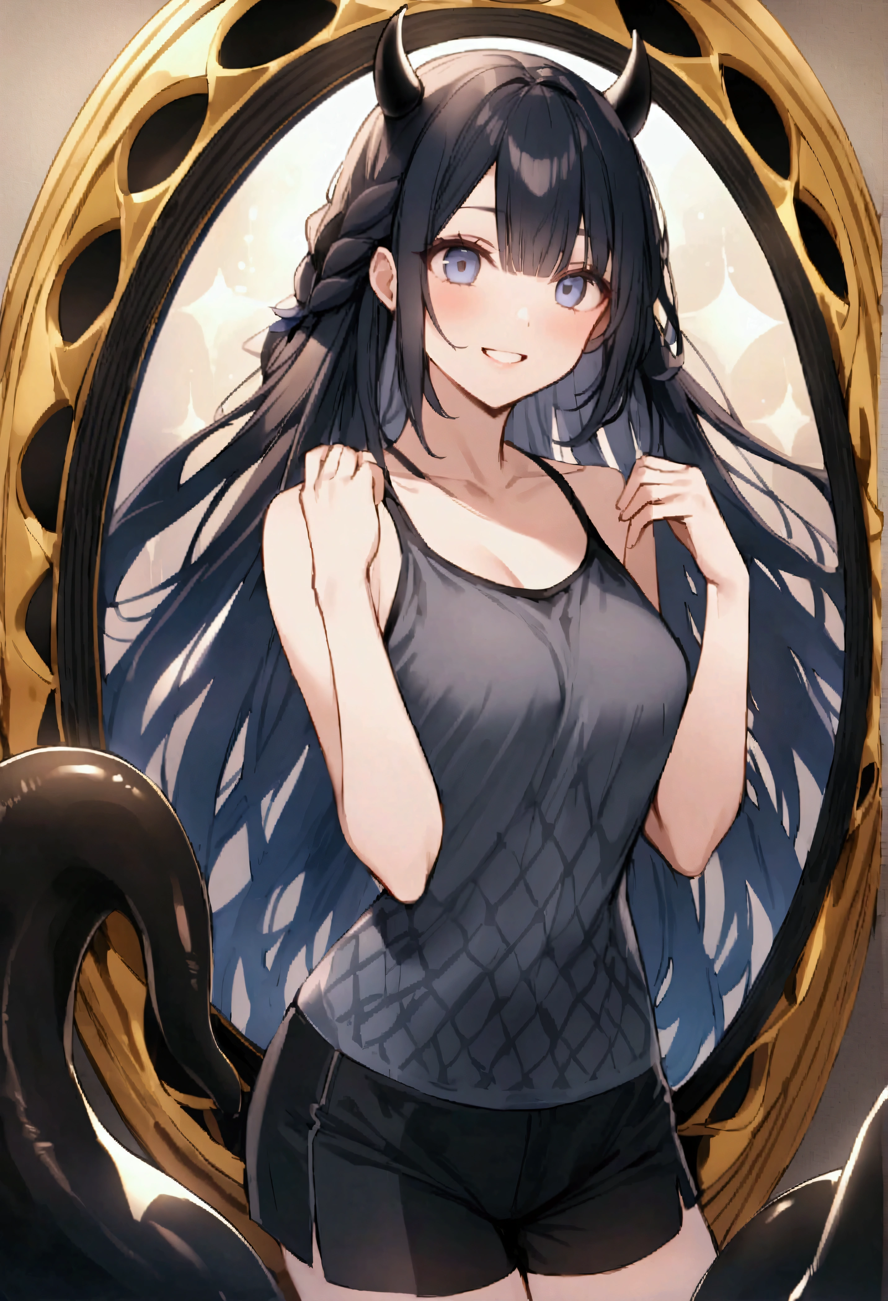 score_9_up、score_8_up、score_7_up、rating_safe、Solo Focus、Upper Body、reflection、、Expressiveh、One person、、blu3、alien、Long Hair、Black Hair、Tentacle-like hair、eye no、horn、Grey body、Shining pattern、Big Breasts、smile、teeth、Dark blue tank top、Black shorts、