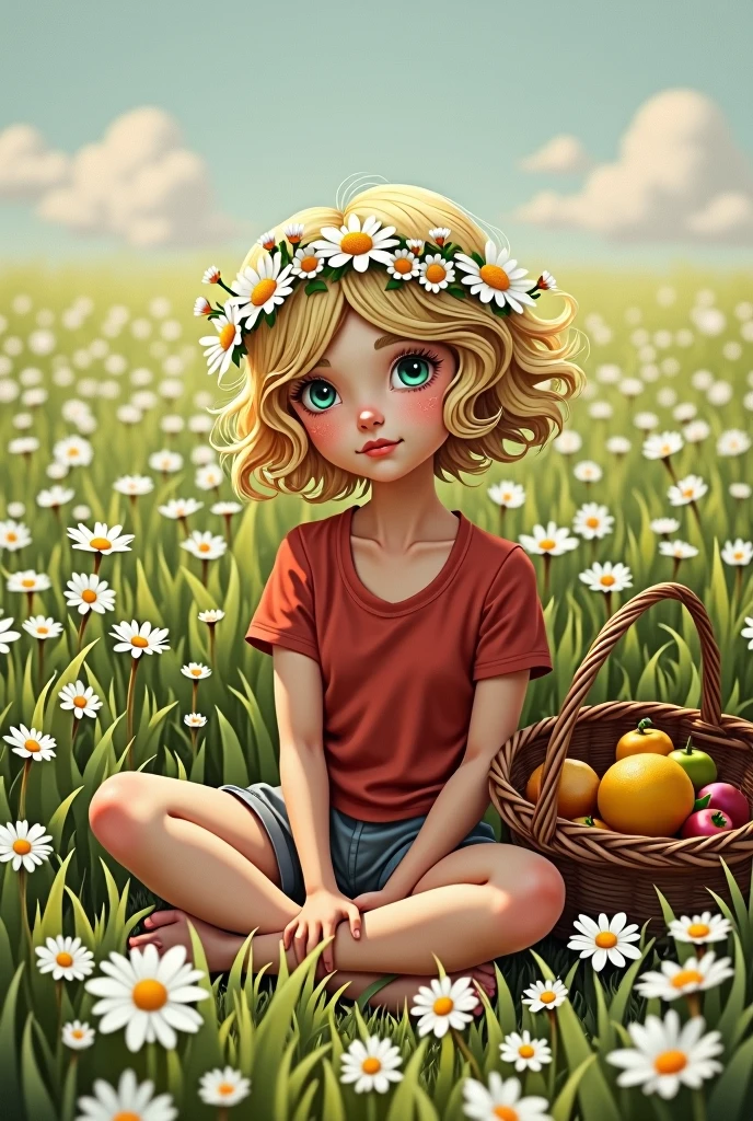 (girl:1.2),alone, (short blonde curly hair:1.1), green eyes, Wearing a daisy wreath on your head, Sit in a daisy field, (fruit basket:1.1), blue shorts, red shirt,,raw,photographic,photo shadows,actual,Ridiculous,Aesthetic,elegant, Ukrainian symbolics

