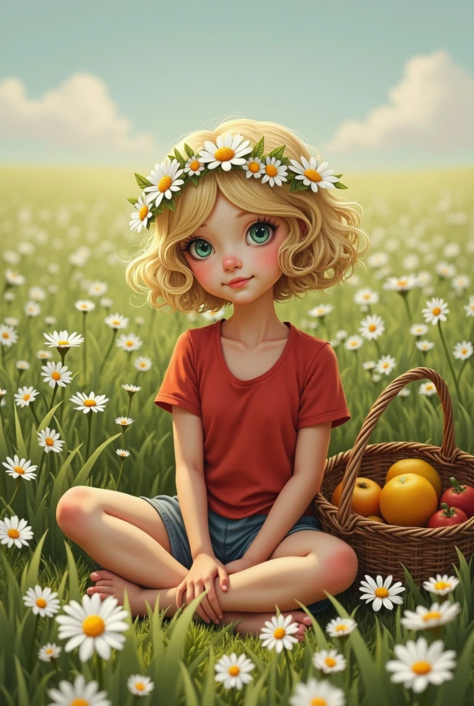 (girl:1.2),alone, (short blonde curly hair:1.1), green eyes, Wearing a daisy wreath on your head, Sit in a daisy field, (fruit basket:1.1), blue shorts, red shirt,,raw,photographic,photo shadows,actual,Ridiculous,Aesthetic,elegant, Ukrainian symbolics
