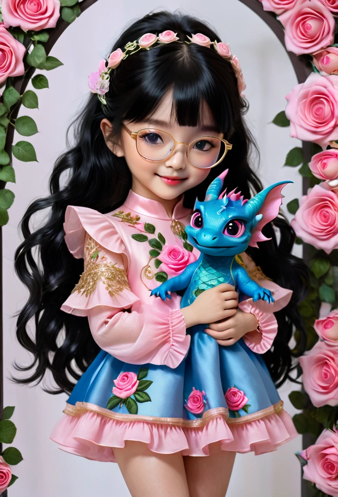 (Behind arch-way of embroidery pink roses) A girl with neat black hair wearing gold twin rim glasses, pink ruffle dress with delicate floral patterns and detailed detached pink arm-sleeves. HOLDING in her hands a pink and blue cute face(smiling) big blue eye   dragon