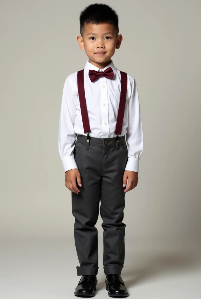 Create a boy Attire. White long sleeve, with burgundy bowtie and suspender and dark gray pants and black shoes. Whole body picture for Filipino.