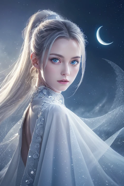 masterpiece, (Highest quality: 1.2), (Super Fine: 1.2), figure, (Very delicate and beautiful: 1.2), Film Angle, floating, (Beautiful detailing: 1.1), (Detail Light: 1.1), Film Light, Delicate Sky, woman, Silver Hair, blue eyes, (High Ponytail: 1.1), Cape,Faintly glowing eyes, (moon: 1.2), (moonlight: 1.1), Starry Sky, (Particles of light: 1.1), fog , Snow Painting, sketch, flowering