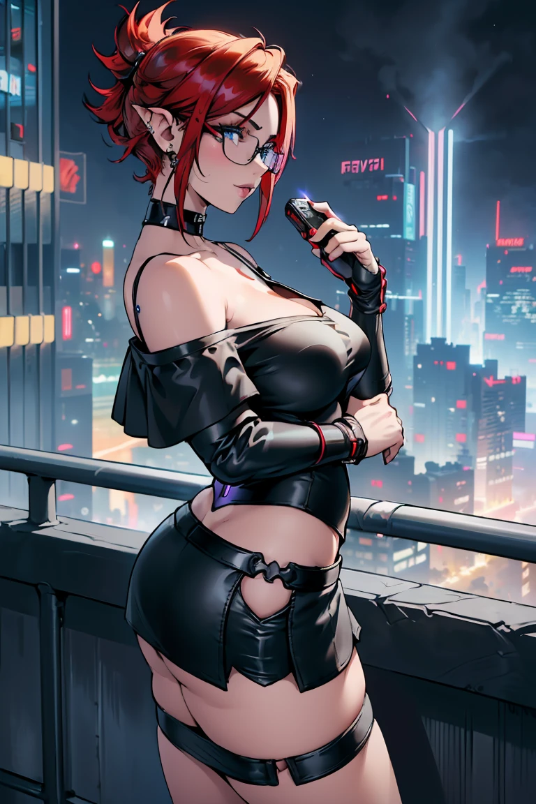1girl, beautiful elf woman, ((Short Red Hair, Straight, has shine)) Blue eyes, double eyelids, light effect on eyes, detailed irises, beautiful curvy body, glasses, ((Off the Shoulder sleeveless Black top with mini skirt: 1.5)), black choker, black panties, black high heels, ((Work of art, hyper-realistic, hyper detailed, Best Quality, 16k, light and shadow on skin, vivid colors)), ((standing at balcony overlooking cyberpunk city, hands resting on balcony leaning onto it: 1.5)), Lustful Expression, ((Hands resting on top of chest)) perfect lips, sexy mature face, lots of freckles all over body, full pouty lips, extreme blush, sensual smile, ((Night)), moonlit sky, Flirting with viewer, Looking at viewer, Flirty Smile, ((Large Breasts: 1.2)) ((Full Side View))
