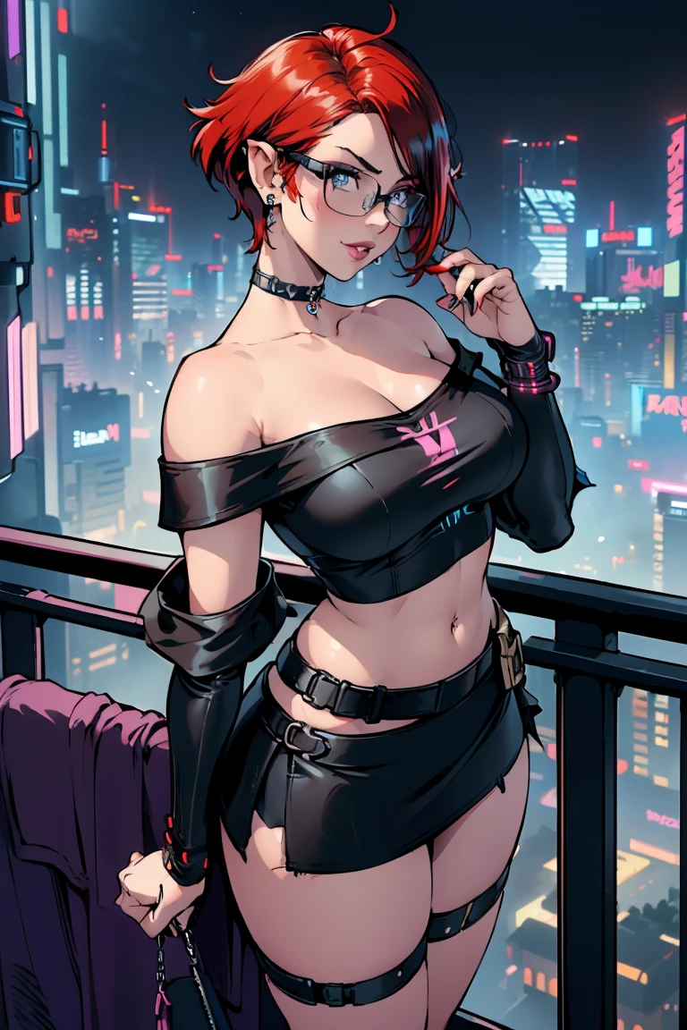 1girl, beautiful elf woman, ((Short Red Hair, Straight, has shine)) Blue eyes, double eyelids, light effect on eyes, detailed irises, beautiful curvy body, glasses, ((Off the Shoulder sleeveless Black top with mini skirt: 1.5)), black choker, black panties, black high heels, ((Work of art, hyper-realistic, hyper detailed, Best Quality, 16k, light and shadow on skin, vivid colors)), ((standing at balcony overlooking cyberpunk city, hands resting on balcony leaning onto it: 1.5)), Lustful Expression, ((Hands resting on top of chest)) perfect lips, sexy mature face, lots of freckles all over body, full pouty lips, extreme blush, sensual smile, ((Night)), moonlit sky, Flirting with viewer, Looking at viewer, Flirty Smile, ((Large Breasts: 1.2)) ((Full Side View))
