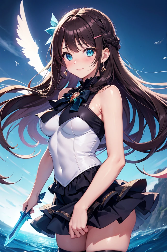 A beautiful girl in a short skirt holding a sword and a bird, outside, night, (magical girl), blue leotard, fluffy layered skirt, thigh highs, bow, wand, wings, flying, floating, big rounds breasts, dark brown hair, long bangs, french braid, long hair, wavy hair, expressive hair, shiny hair, hairclip, hair ribbon, jewelry, aqua eyes, glowing eyes, pupils sparkling, earrings, blush, light smile, shy, embarrassed, nervous smile, beautiful detailed eyes, natural lighting, high detail, anime, anime style, depth of field, cinematic lighting, game CG, dithering, image fill, multiple views, wide shot, from above, from behind, from below, atmospheric perspective, perspective, panorama, Wide-Angle, f/1.8, 85mm, Nikon, 8k, super detail, masterpiece, retina, masterpiece, accurate, anatomically correct, textured skin, high details, best quality, highres, 16k