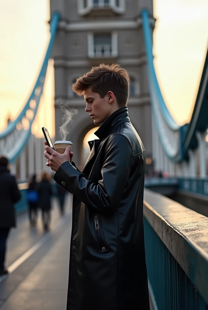 A boy stang at london bridge wearing black leather coat and in hand iphone and a cup of cold coffee near bridge