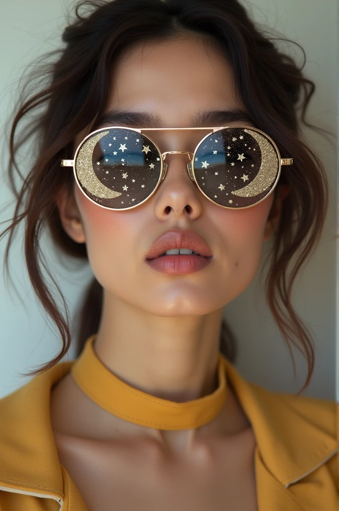 The model is wearing glass sunglasses with stars and the moon on the glass