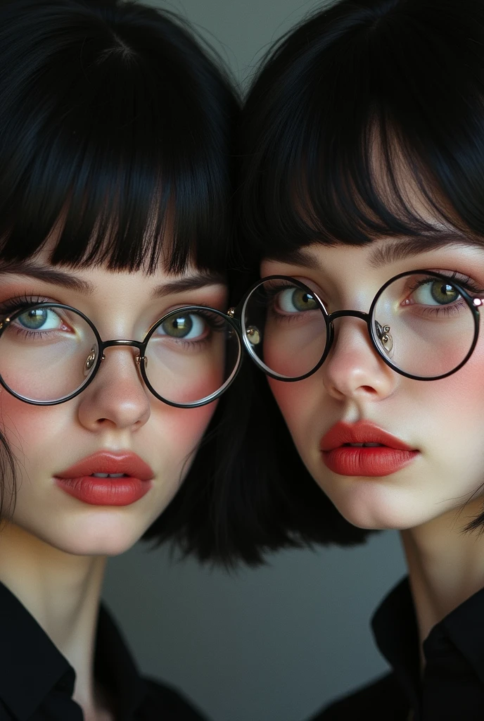 Beautiful girls with baby cut black hairs....black eyes and...wear round shape glasses