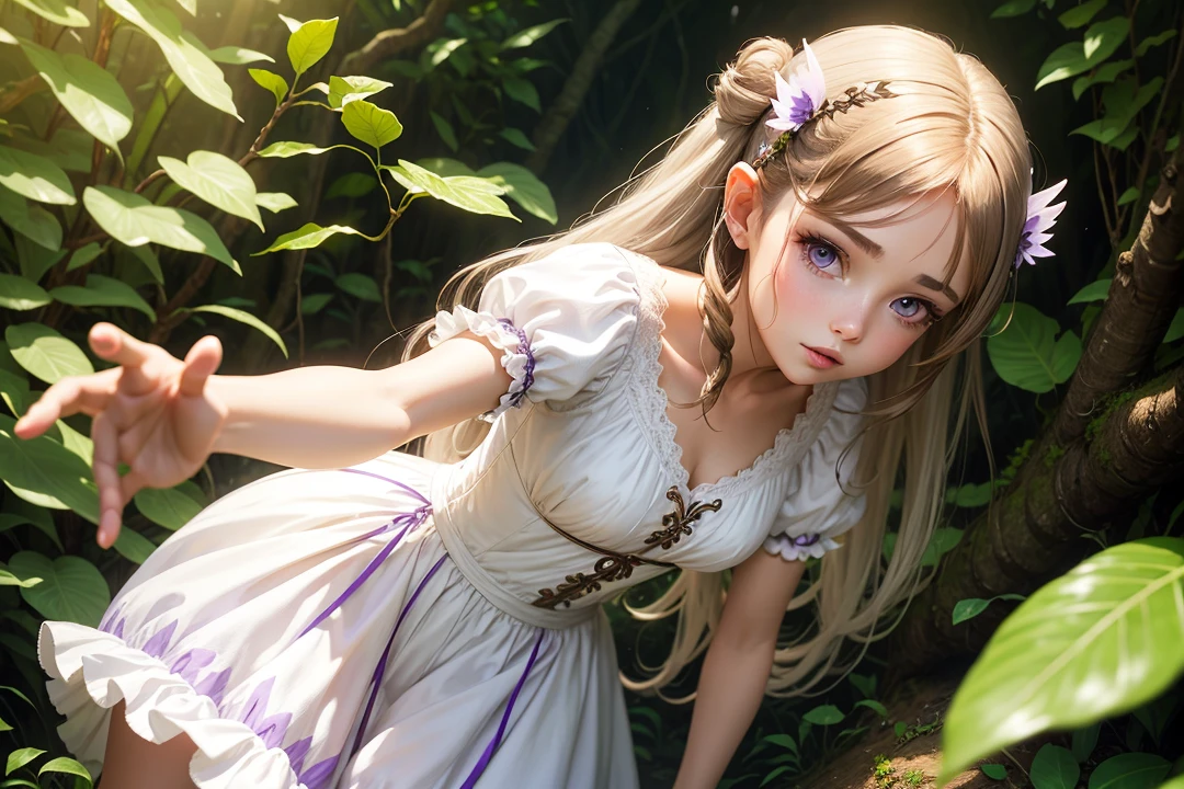 A fairy women with white dress, brown hair,white hair clips, purple wings,in jungle