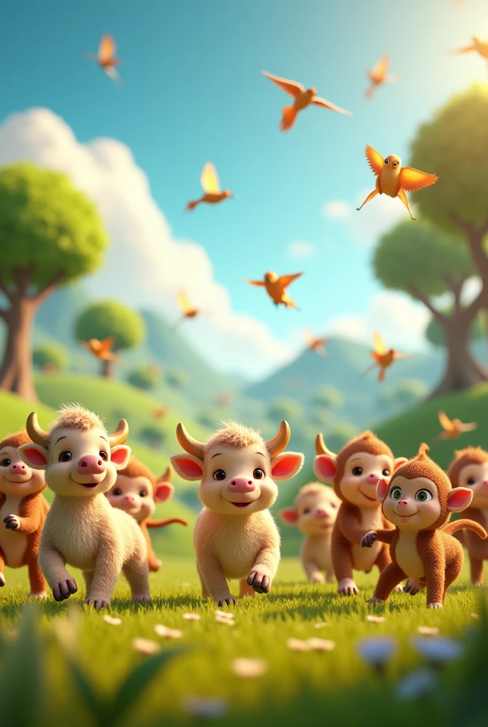 In 3D animation generate" calves, monkeys and birds enjoying and reacting to the music, creating a lively atmosphere.."