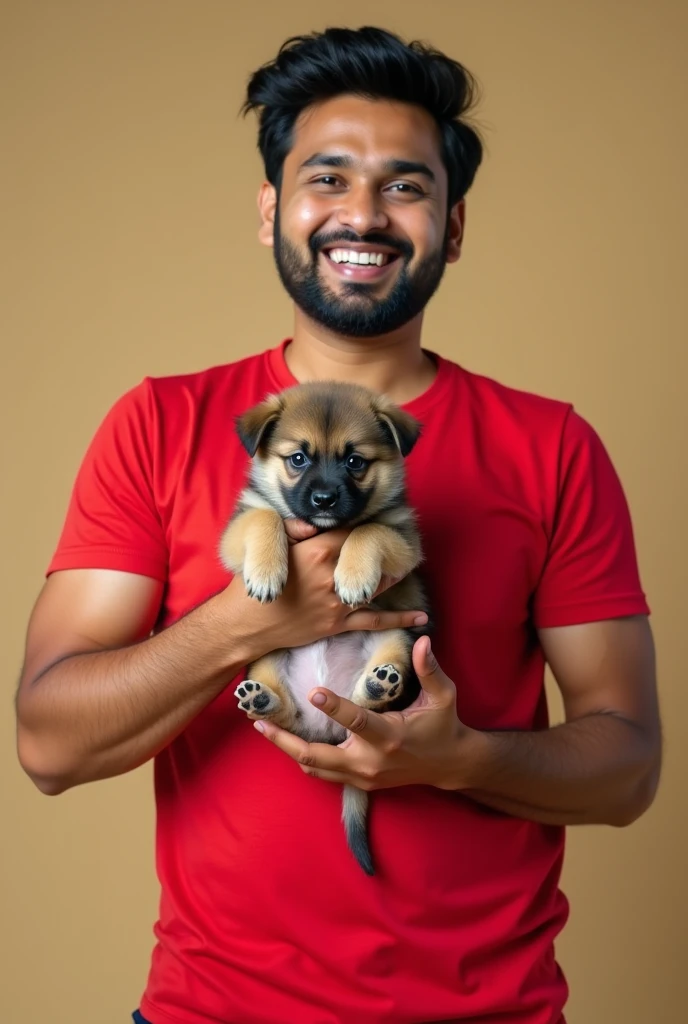 Fukra insaan standing in red t shirt with puppy in his hands