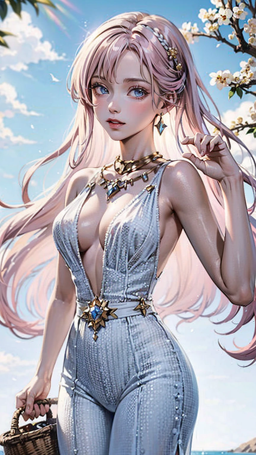 ((best quality)), ((ultra high definition)), ((masterpiece)), ((Romance Fantasy)), ((illustration)), (detailed), (clear), (Perfect), 1 woman, mature, beautiful, pure, calm, Pink hair with bangs in ponytail, straight hair, white skin, Sapphire blue eyes, Deep double eyelids, abundant eyelashes, pretty lips, big bust, small waist, One-piece with lace, Gold necklace, holding a picnic basket, Orchard Background, Sunny weather, windy, hair flowing in the wind