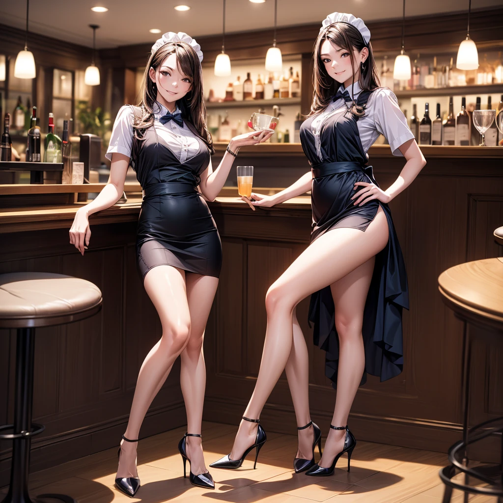 (masterpiece:1.3),(best quality, highest quality),((Full Body Shot,Including face)),girls,4K,masterpiece,((Focus on the face)),((Symmetrical facial features)),Beautiful woman,(slender),((High heels)),Detailed depiction of the face, Cafe ,bar,Maid clothes,skirt,Age 25,(smirk),