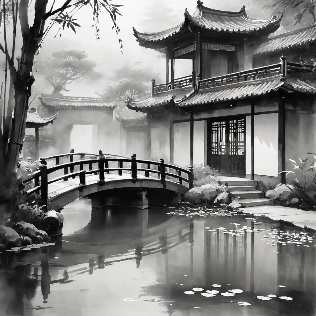 black and white,Impressionism,Ink Art,Ink splash,Traditional Chinese courtyard,Tranquil atmosphere,Elegant lotus pond,Gentle falling petals,Delicate bamboo forest,subtle brushwork,Misty mist,Floating calligraphy,whisperingwillows,Tranquil Koi,Traditional Chinese architecture,Stone Road,The skinny old man is starving,Stunning contrast,Soft watercolor,Quiet and elegant,balance,Bright ink splash,Sublime Nature, Every stroke is filled with tranquility, eternal beauty.