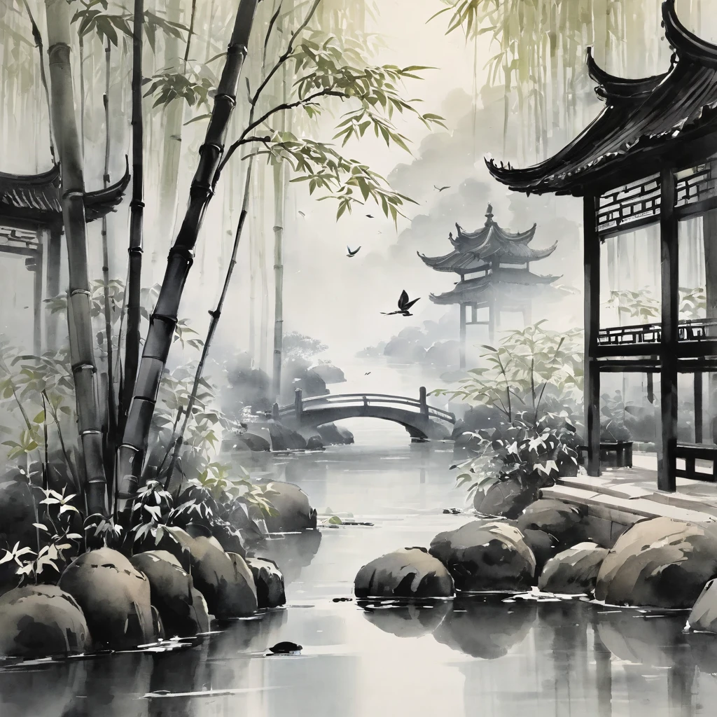 black and white,Impressionism,Ink Art,Ink splash,Traditional Chinese courtyard,Tranquil atmosphere,Elegant lotus pond,Gentle falling petals,Delicate bamboo forest,subtle brushwork,Misty mist,Floating calligraphy,whisperingwillows,Tranquil Koi,Traditional Chinese architecture,Stone Road,The skinny old man is starving,Stunning contrast,Soft watercolor,Quiet and elegant,balance,Bright ink splash,Sublime Nature, Every stroke is filled with tranquility, eternal beauty.