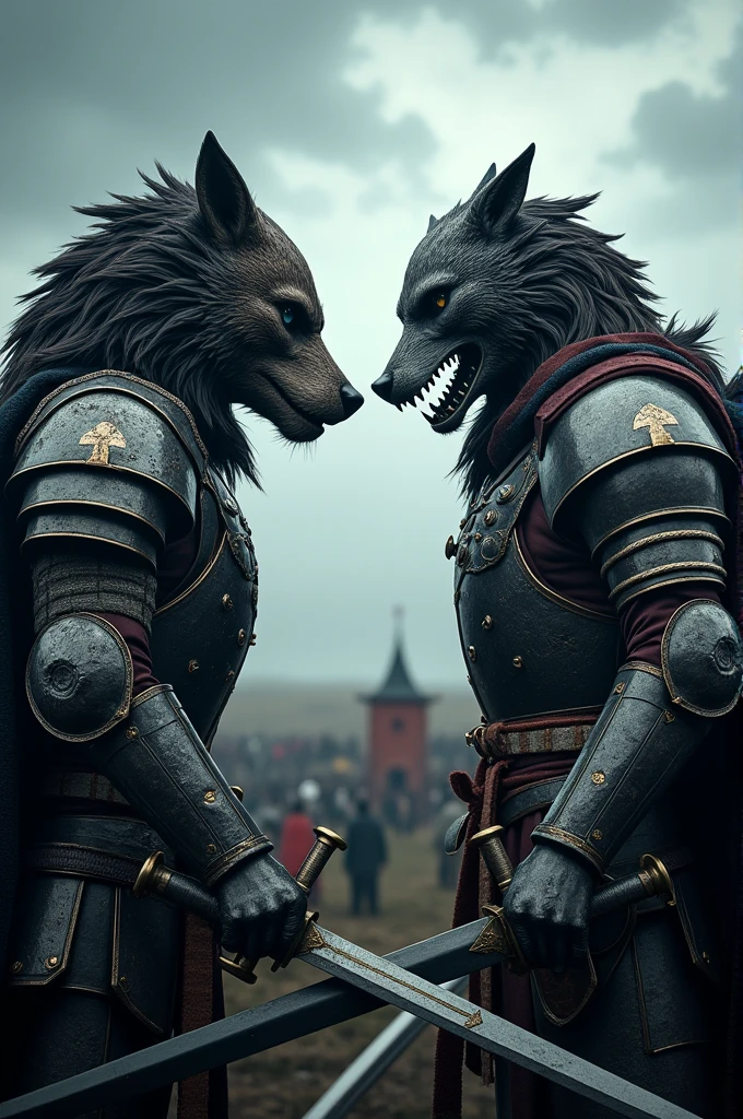 "Two medieval warriors standing face to face, ready for battle. One is clad in intricately detailed wolf-themed armor, holding a sword, while the other wears dragon-themed armor, also gripping a sword. Their helmets are crafted to show their determined faces, and the details of their armor reflect the distinct characteristics of the wolf and dragon designs. The scene is set on a stormy battlefield, adding tension and drama to the impending clash."