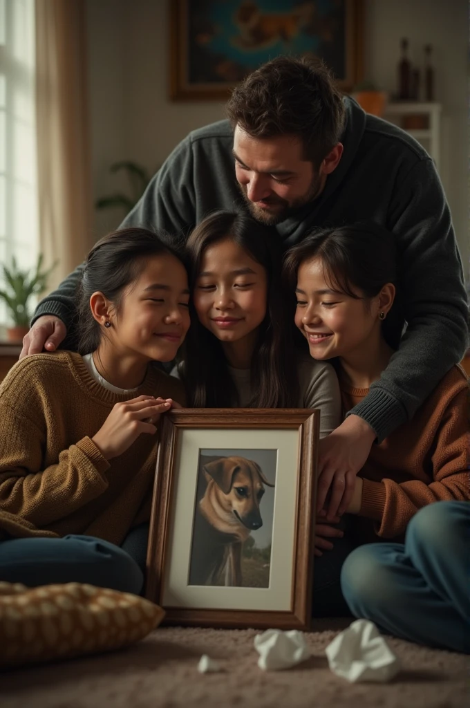 Illustrate a YouTube Short that focuses on the family's grief after hearing the news of Whiskers’ death. Show them holding each other and crying, but also include a moment where they look at a photo of Whiskers and smile, remembering his bravery."