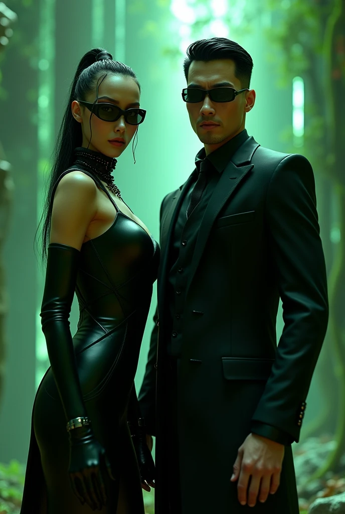 a woman in a black outfit and sunglasses standing in front of a green background, trinity from the matrix, neo from matrix, neo from the matrix, in the new matrix movie, trinity the matrix, in matrix, wires from the matrix movie, style of the matrix, matrix style, cyber suit, agents from the matrix movie, 3d render of catwoman