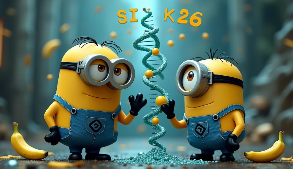 background photo with banana, dna and text SiK26 with S and K capitalize and 24-27, minions
