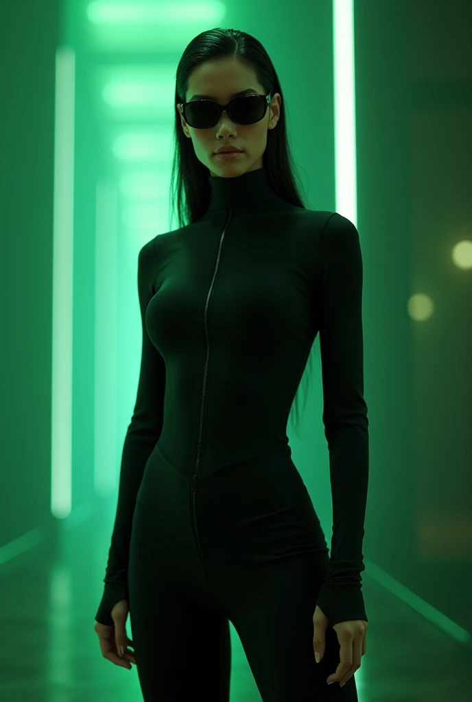 a woman in a black outfit and sunglasses standing in front of a green background, a raytraced image by Hiroyuki Tajima, trending on cg society, holography, trinity from the matrix, neo from matrix, neo from the matrix, in the new matrix movie, trinity the matrix, in matrix, wires from the matrix movie, style of the matrix