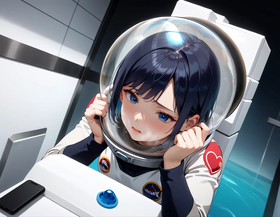 (spacesuit:1.15), white cargo pants, astronaut)bubble helmet, space helmet , , indoors,underwater, masterpiece, best quality, 1girl, solo, short hair, , ,(heart sayings:1.2), , trembling, HARD TO BREATH,, fog,water on the face, drowning, water torture, water in the helmet, blue visor helmet hands up, (holding head:1.5),(Face covered in blue water:1.3), from above,on the bed,