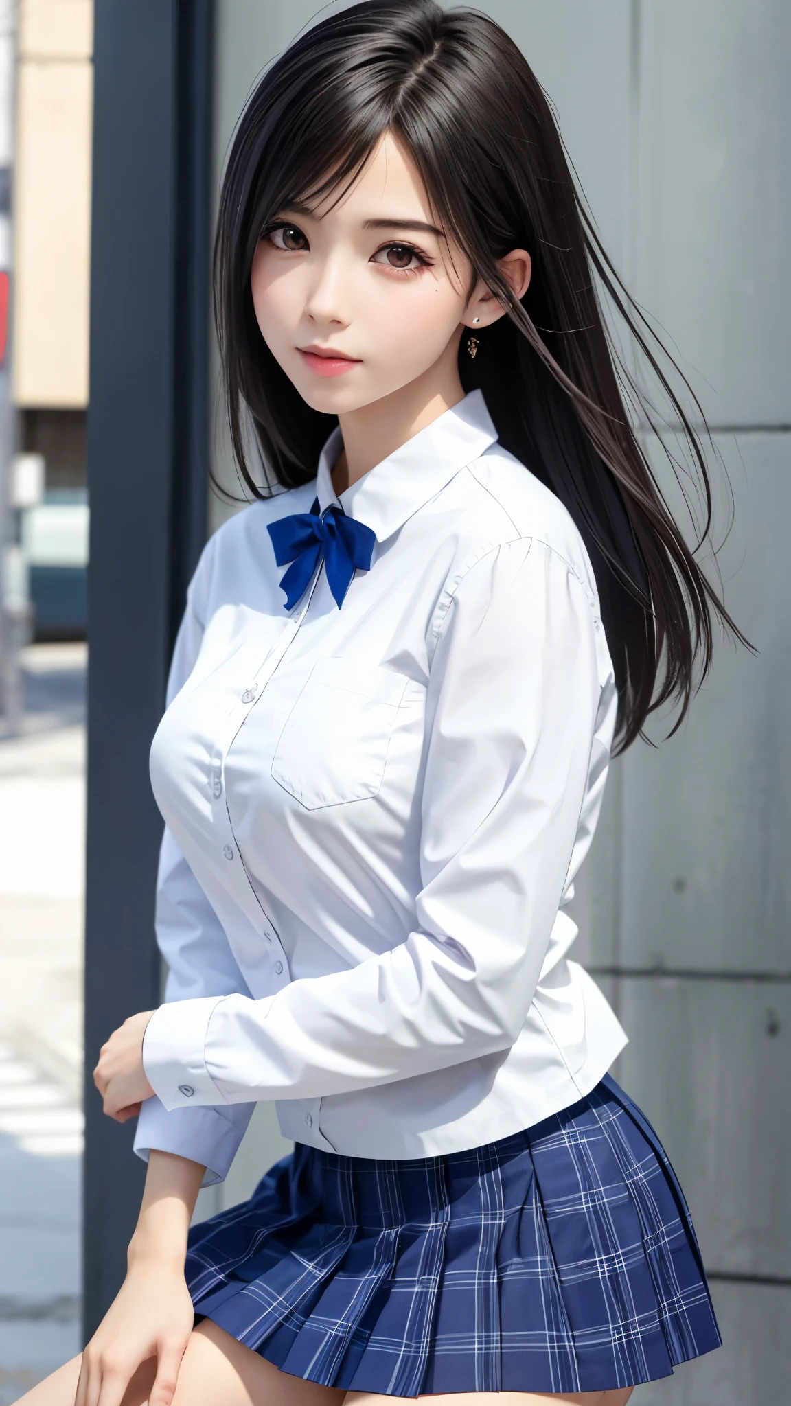 {Top Quality, Masterpiece}, (Realistic: 1.3), Wallpapers, ultra high res, ultra high quality, BREAK {{{FF7, Tifa_lockhart, solo}}},{{{Japan JK uniform, White short-sleeved shirt, Navy Blue Plaid Pleated Skirt, Dark blue short socks, loafers, see through shirt}}}, {{{erotic, Kawaii, Nogizaka idol}}}, Ultra-detailed face, Detailed eyes, Red eyes, (black brown hair, Large breasts: 1.0), About 1, sensual, looking away, {{{erotic face ,erotic mouth, erotic eyes}}}, face focus:1.2, BREAK (background big city,shibuya:1.1),